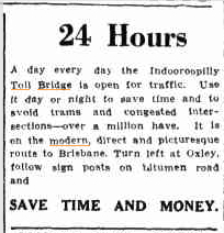 Indooroopilly Toll Bridge advertisement, Queensland Times