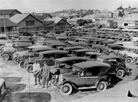 R.A.C.Q. parking lot in Fortitude Valley during the Brisbane Exhibition ca. 1927